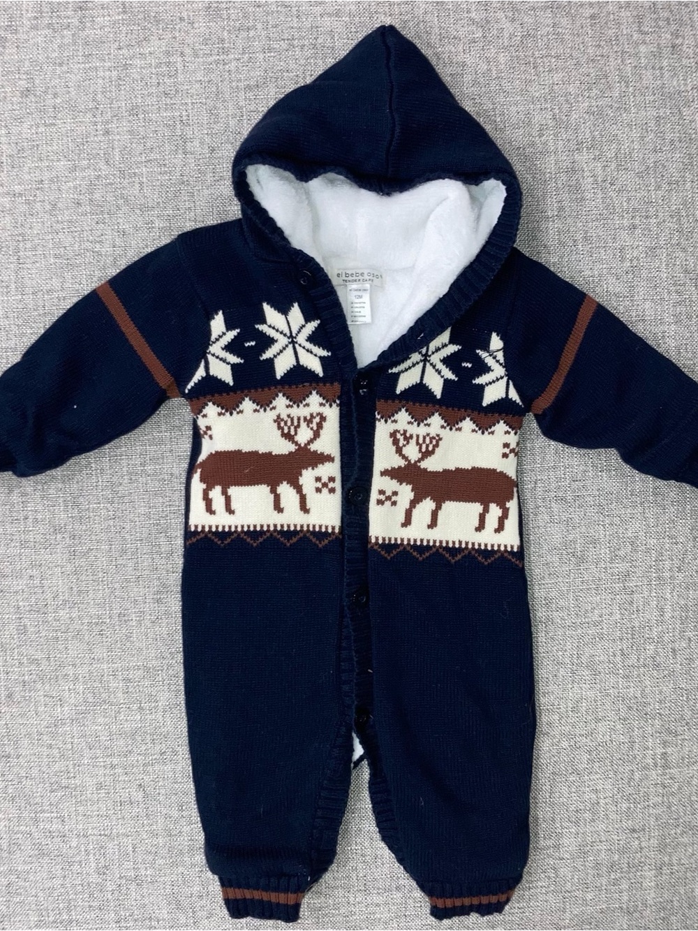 El Baby Oso Baby Hooded Puffer Knit Romper - Navy with Cream & Brown Moose